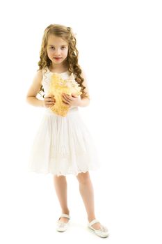 A little girl with a sea shell. The concept of a family vacation at sea, ecology. Isolated on white background.