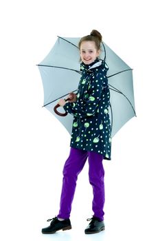 Beautiful little girl with umbrella. Concept of weather, climate change. Isolated on white background