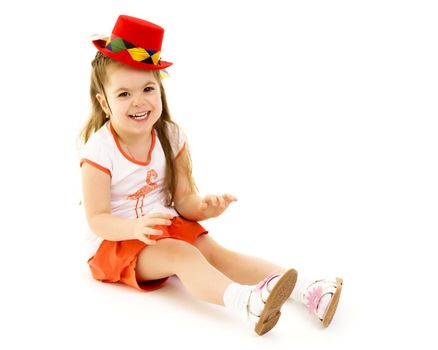 Beautiful little girl laughing. The concept of a happy childhood, emotions. Isolated on white background.