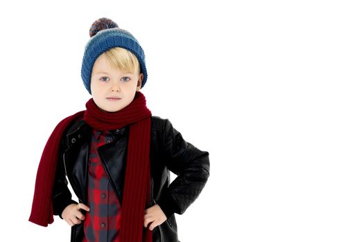 Cute little boy in a hat with a pompon and a scarf .Concept style, happy childhood.Isolated on a white background.