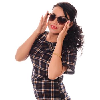beautiful girl glamour portrait on white background in heart shape sunglasses, long curly hair