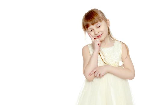 The little girl is full-length. The concept of family happiness, a child, childhood, play, beauty and fashion. isolated on white background