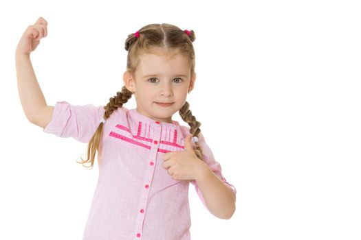 Beautiful little girl in shorts and pink shirts. With long braids below the shoulders - Isolated on white background