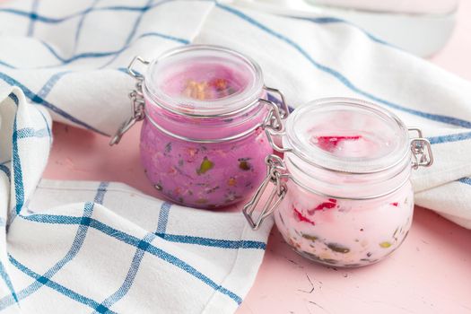 Homemade healthy yogurt with muesli and blueberries