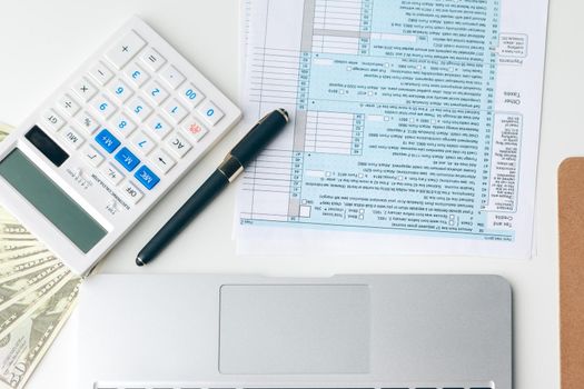 Showing business and financial report. Accounting, money close up