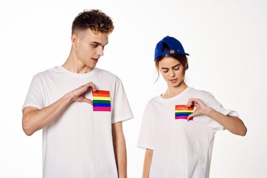 young couple lgbt community flag transgender lifestyle. High quality photo