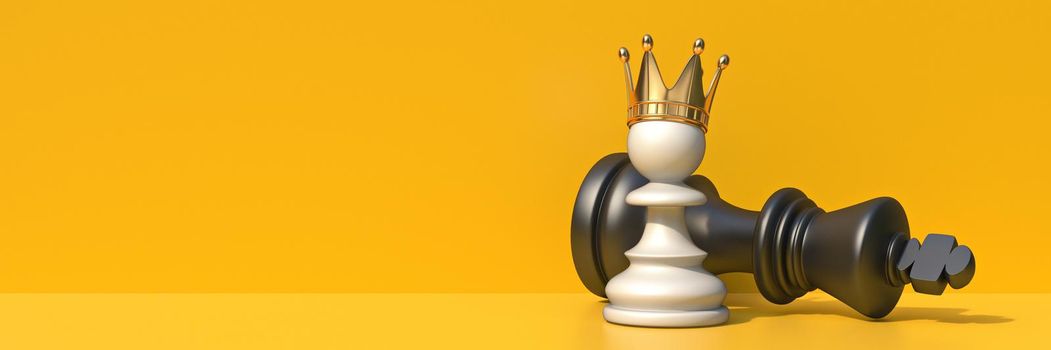 White pawn with golden crown and black fallen chess king 3D rendering illustration isolated on yellow background