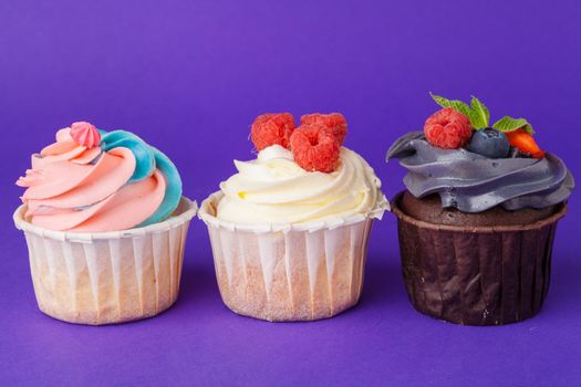 Beautiful cupcake against saturated dark purple background