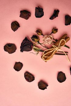 flowers decoration cinnamon pink background top view. High quality photo