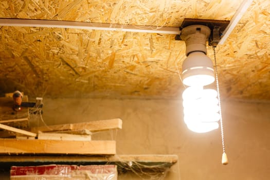 old incandescent light bulb on a wooden ceiling