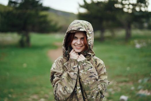 woman in hunting jacket nature fresh air outdoor activities. High quality photo