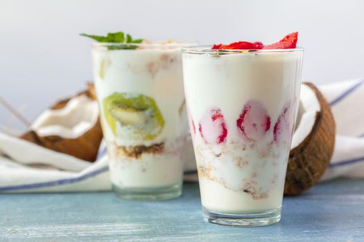 Granola with yogurt and berries for healthy breakfast on a table