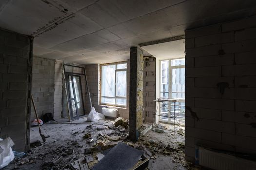Empty large apartment after builders without repair. Start renovation. New house.