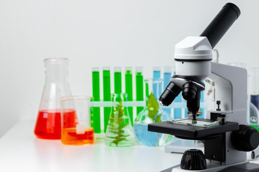 Medical laboratory. Scientific microscope with test tubes and plants for research