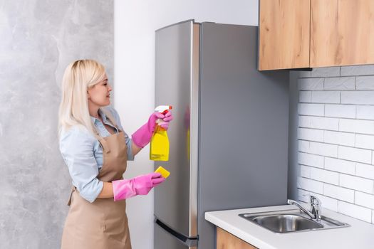 Beautiful young woman makes cleaning the house. Girl rubs dust.