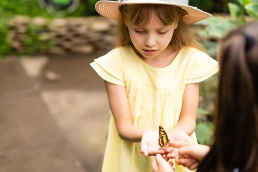 Two little sisters holding a butterfly in their hands. Children exploring nature. Family leisure with kids at summer.