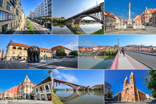 Maribor, Slovenia - December 22, 2019: Collage of landmarks of Maribor in Slovenia. Europe travel concept