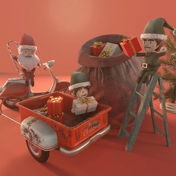 3d illustration. Christmas Sale Promotion Template . Concept shopping online Santa Claus and elf a vintage scooter . COPY SPACE for logo and text