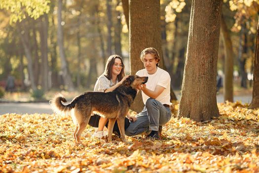 Couple in a park. Guy in a white t-shirt. Golden autumn. People with dog.