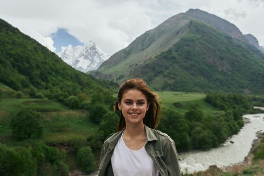woman hiker mountains landscape travel fresh air. High quality photo