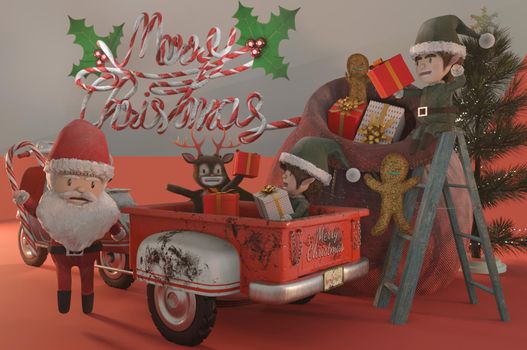 3d illustration. Christmas Sale Promotion Template . Concept shopping online Santa Claus and elf a vintage scooter . COPY SPACE for logo and text