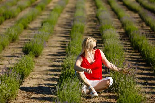 Beautiful provence woman relaxing in lavender field watching on sunset holding basket with lavanda flowers. blond lady in blossom field