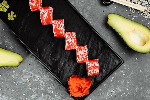 California sushi style rolls, with raw vegetables, food border background.