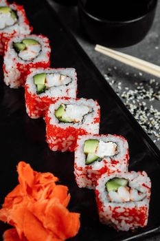 sushi roll california with shrimp, avocado and cheese. Traditional japanese sushi.