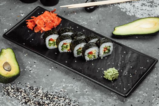 Vegetarian Maki Sushi - Roll made of Tomato, Cucumber, Bell Pepper, Salad Leaf and Japanese Mayonnaise.