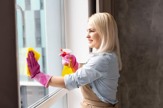 Smiling black woman cleaning windows with glass cleaner
