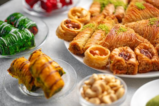 Turkish baklava dessert with honey, close up photo