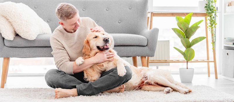 Man petting golden retriever dog and smiling at home. Owner with doggy together on the floor