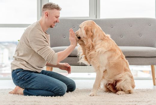 Golden retriever high five to his owner sitting on the floor. Blond guy with cute doggy in light interior