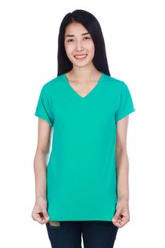 woman in green t-shirt isolated on a white background