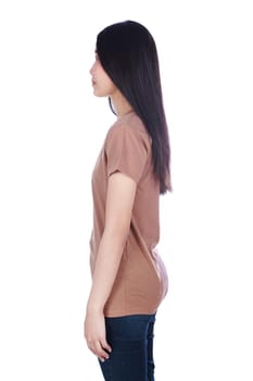 woman in brown t-shirt isolated on a white background (side view)