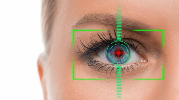 Eye close up. Iris identification access concept.