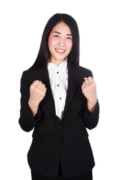 young business woman cheering with her arms raised isolated on white background