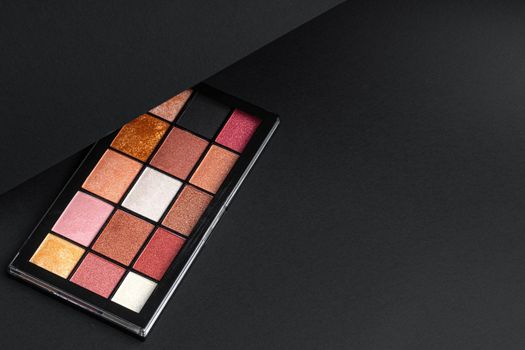 Color professional cosmetic palette on a dark background, close up