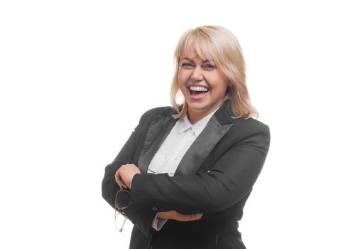 Portrait of a happy laughing businesswoman over white background.