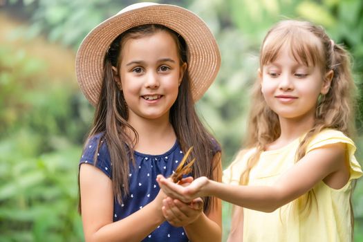 two little girls with butterflies in a greenhouse