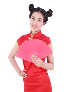 beautiful woman wear cheongsam and holding red envelope in concept of happy chinese new year isolated on white background