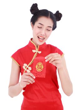 beautiful woman is surprising when she open the envelope in concept of happy chinese new year isolated on white background