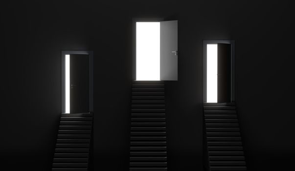 Three white doors and one opened door over stairs, 3D rendering illustration.