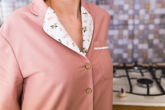 Warm kit homewear. Soft cotton shirt. Comfortable clothes for healthy sleep. Pajamas concept. Close-up
