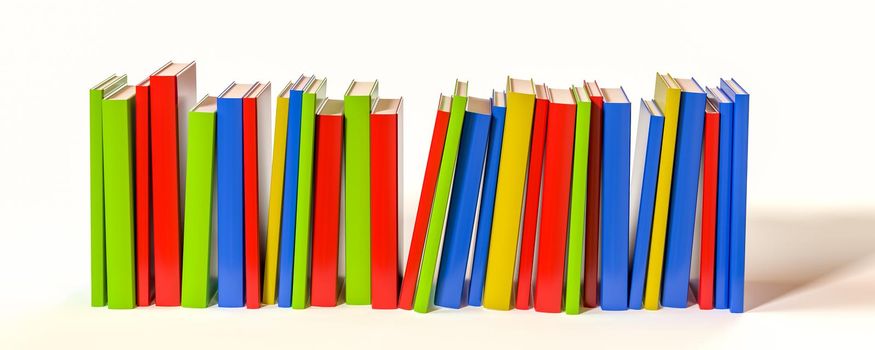 Colorful books are stacked in a row on a white background, 3D rendering illustration.