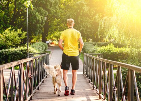 Rear view of sportive man jogging across park bridge with golden retriever dog in summer