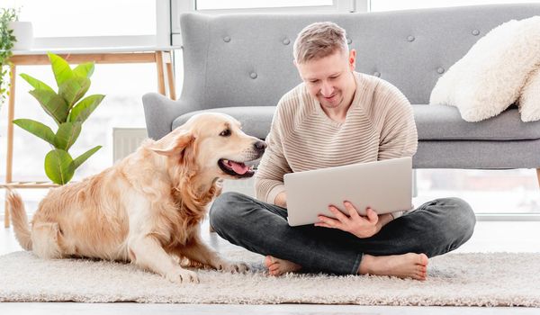 Man sitting on the floor and looking at laptop with golden retriever dog at home. Freelance remote work in quarantine time