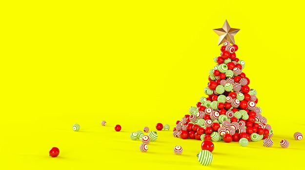 Christmas tree made of colorful balls on a yellow background. New Year concept 3D rendering illustration.