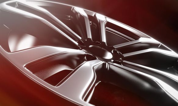 Car rim close up with sun glare, 3D rendering illustration.