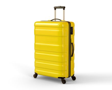 Yellow travel suitcase on white background, 3D rendering illustration.